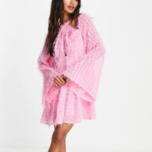 ASOS-Pink Faux Feather Twist Nexk Cutout Long Wide Sleeve Mini Swing Style Dress